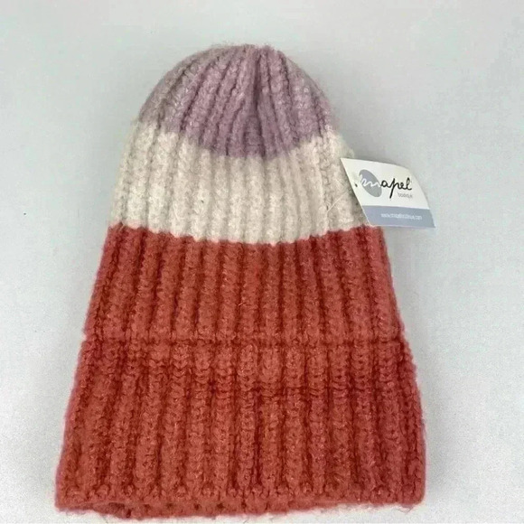 BOUTIQUE Women's OS Chunky Knit Stripe Beanie Sara Winter Hat Orange Cream Purpl - Picture 4 of 10